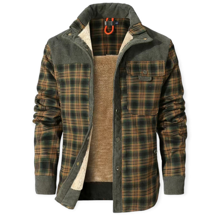 Grüne karierte Herrenjacke mit Fleece-Futter, warm, modisch, ideal für Herbst und Winter.