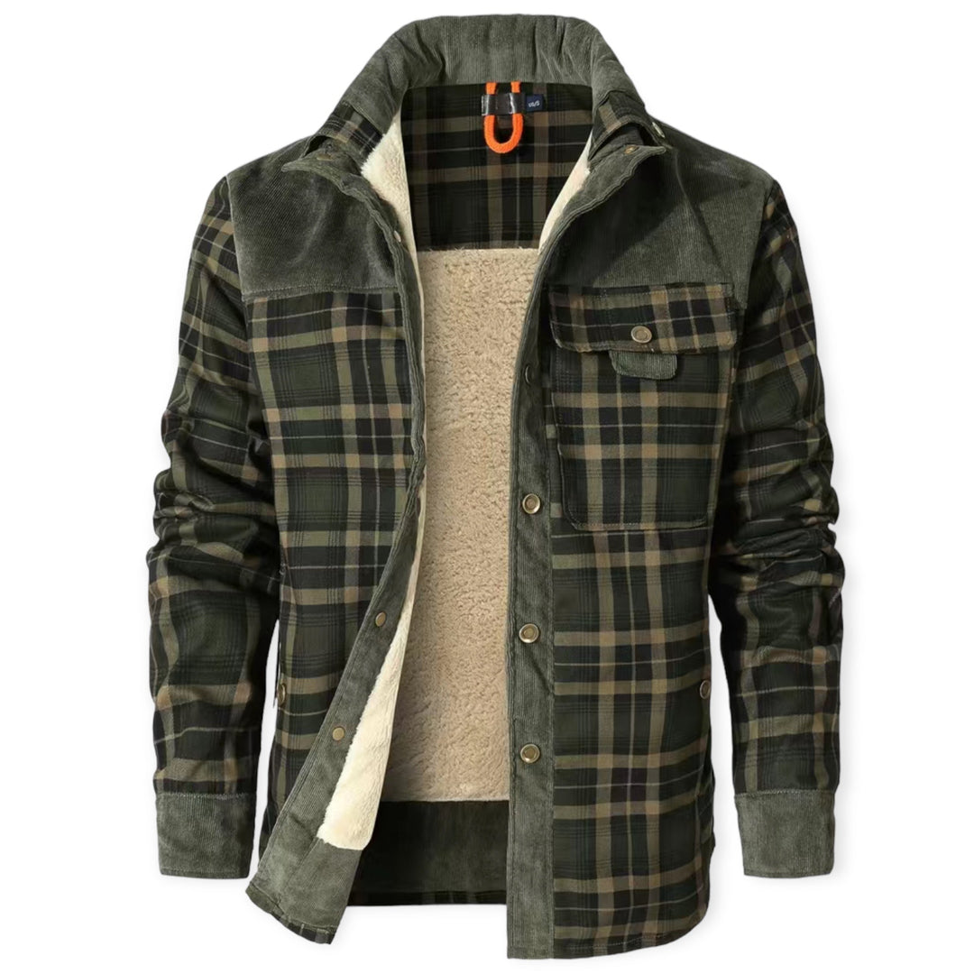 Grüne karierte Herrenjacke mit Fleece-Futter, warm, modisch, ideal für Herbst und Winter.