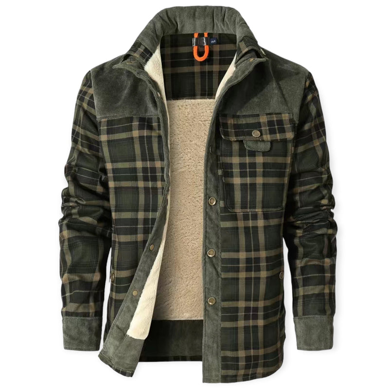 Grüne karierte Herrenjacke mit Fleece-Futter, warm, modisch, ideal für Herbst und Winter.