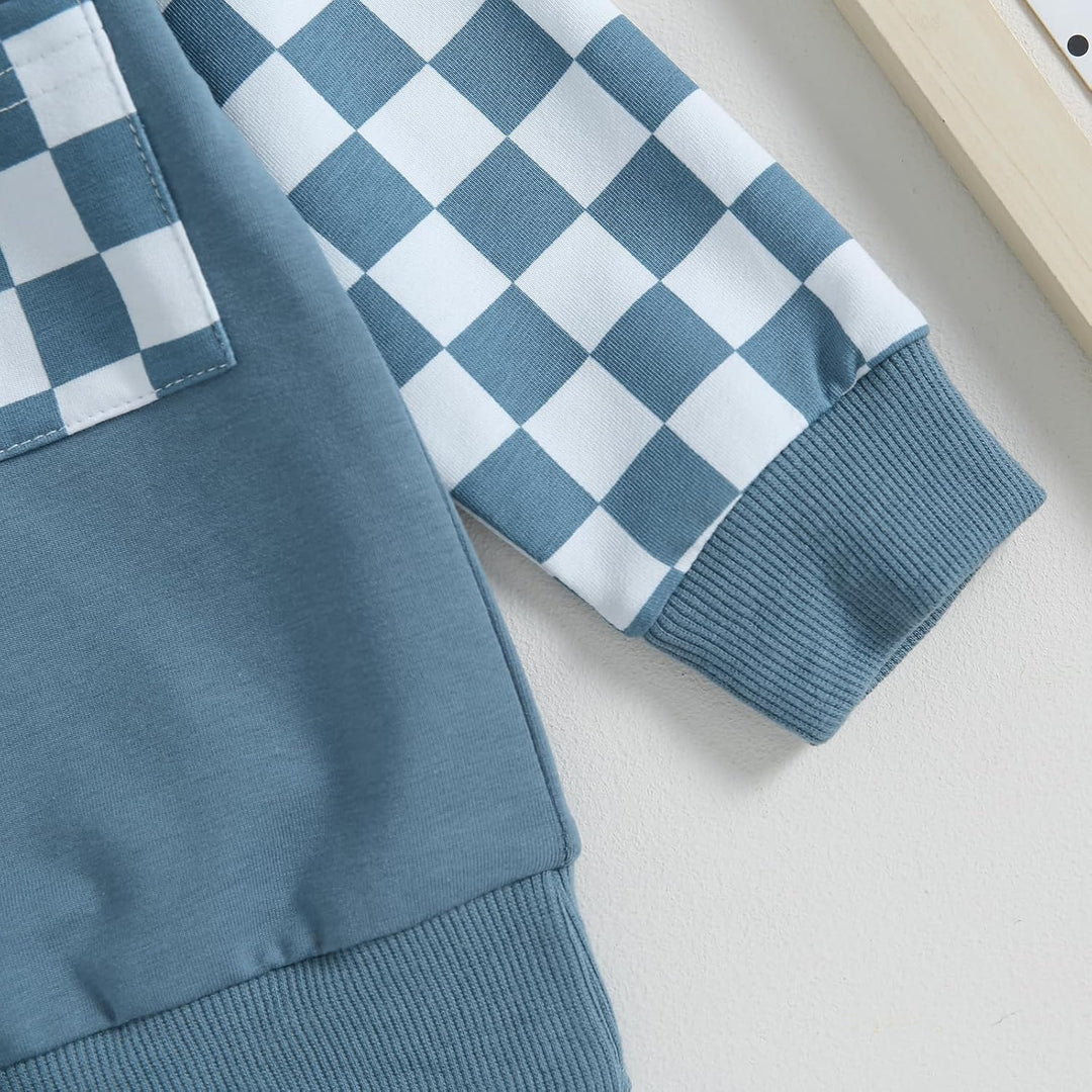 Blau-weiß kariertes Kinder-Sweatshirt, Baumwolle, langärmelig, modisches Design.