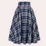 Blauer karierter Rock, A-Linie, Knöpfe, Damenmode, Baumwolle, Vintage-Stil, knielang.