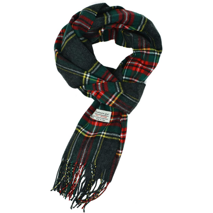 Schwarzer Tartan-Schal aus Wolle, kariert, mit Fransen, modisches Accessoire für Herbst/Winter.