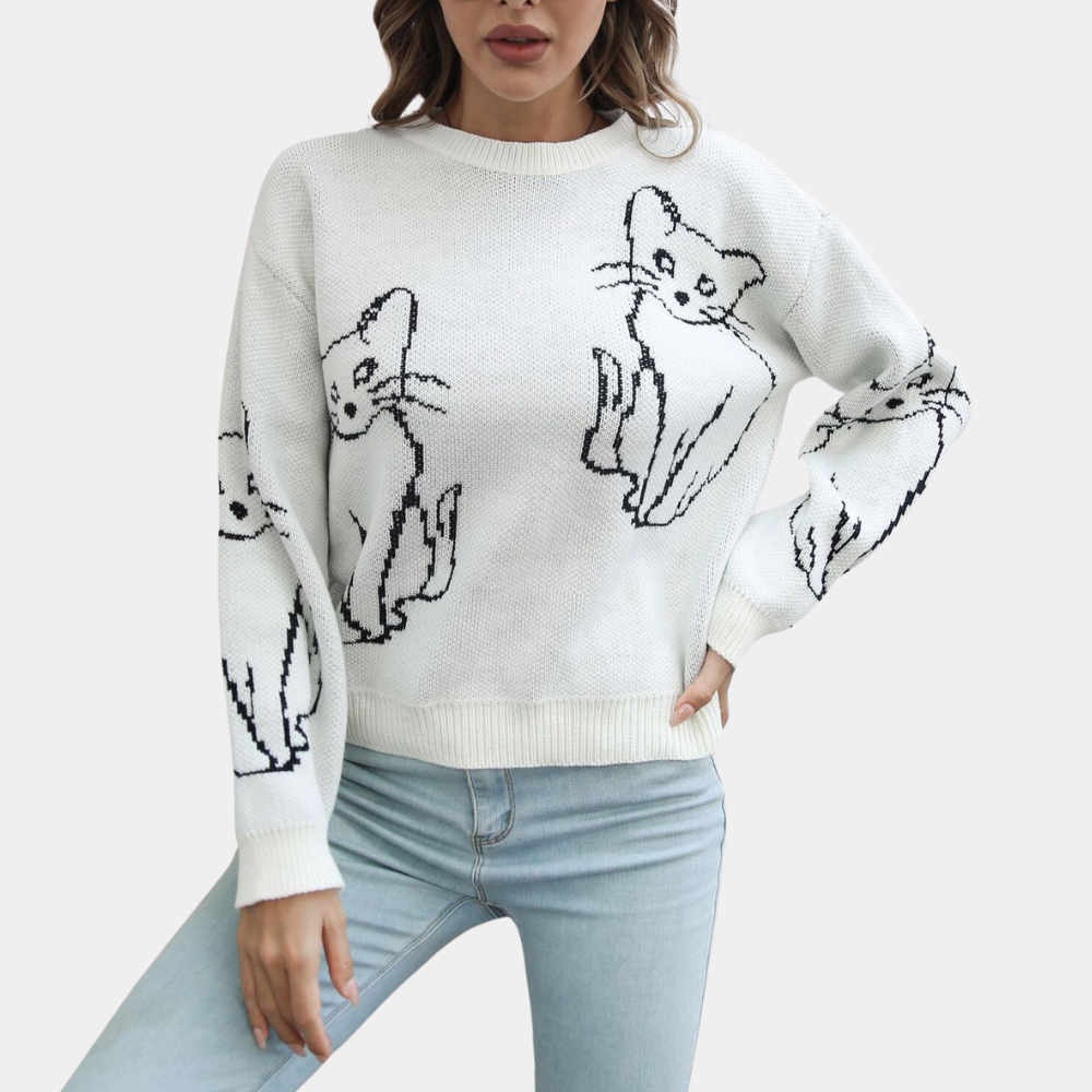 Weiße Damenpullover mit Katzenmotiv, Strick, lässig, langärmelig, modisch.