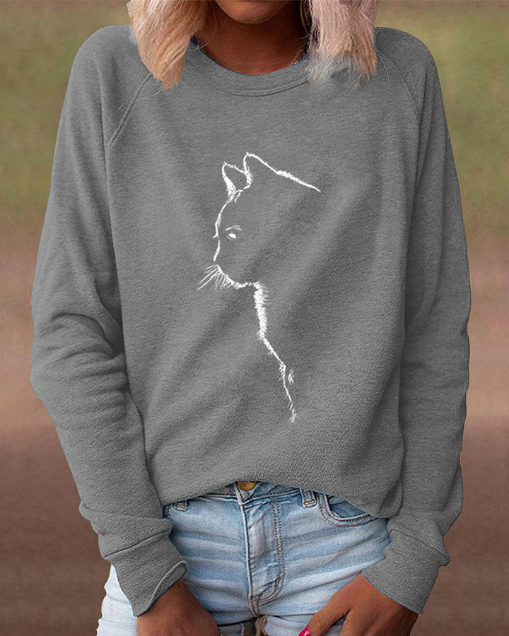 Graues Damen-Sweatshirt mit Katzenmotiv, lässig, Baumwolle, Langarm, modisch.