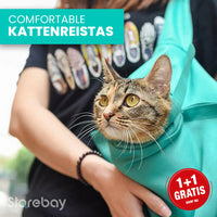 Katze in türkisfarbener Tragetasche, komfortable Katzenreistas, 1+1 gratis Angebot.