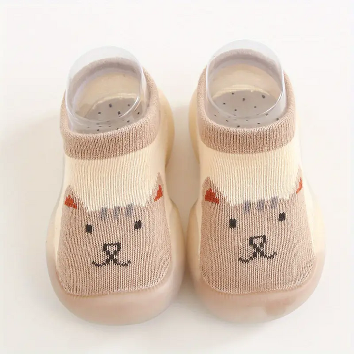 Beige Babyschuhe mit Katzenmotiv, rutschfest, weiche Sohle, für Kleinkinder, Unisex.