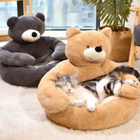 Katzenbett in Bärenform, beige, Plüsch, abnehmbar, gemütlich, für Haustiere, Wohnzimmer.