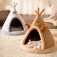 Gemütliches Katzen- und Hundebett, Tipi-Design, beige und grau, weiches Material, Haustierhöhle.