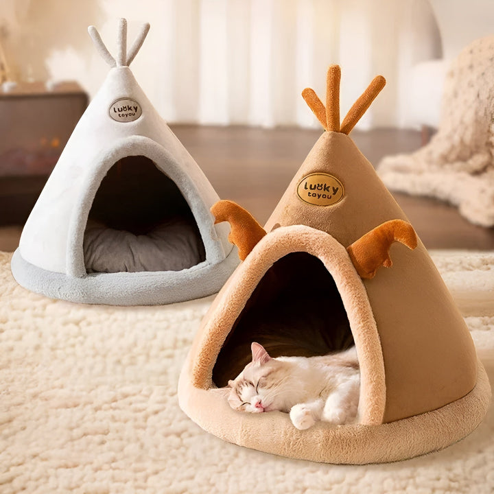 Gemütliches Katzen- und Hundebett, Tipi-Design, beige und grau, weiches Material, Haustierhöhle.