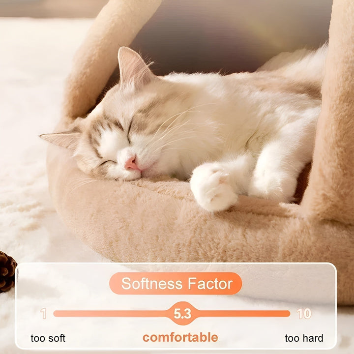 Schlafende Katze in weichem, beigem Haustierbett, gemütlich, Winter, Hundehütte, Tierhaus.