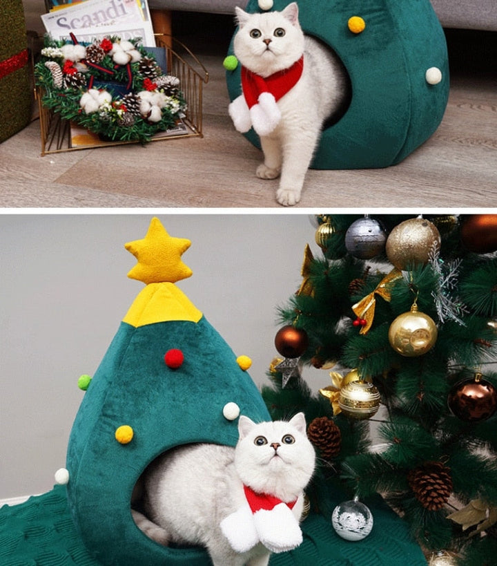 Weißer Kater mit rotem Schal in grünem Weihnachtsbaum-Katzenbett neben Weihnachtsbaum.