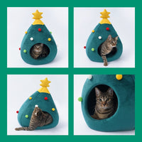 Katzenbett Weihnachtsbaum Design, grün, gelb, mit Katzen, gemütlich, Haustierbett, Dekoration.