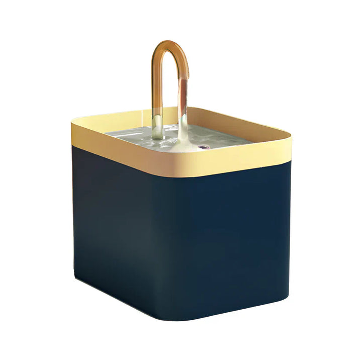 Dunkelblauer Katzenbrunnen mit gelbem Rand, automatischer Wasserspender, modernes Design.