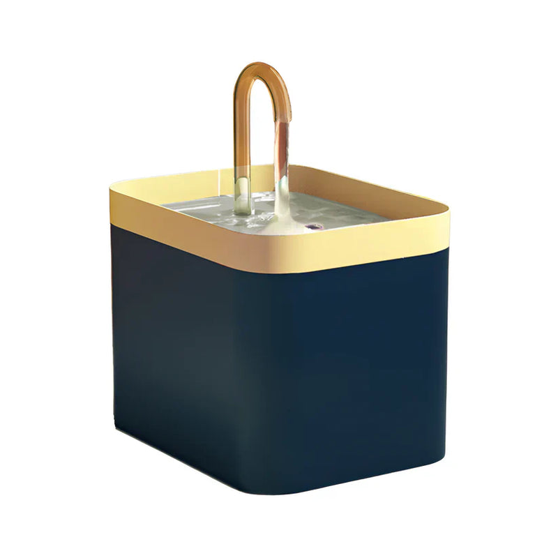 Dunkelblauer Katzenbrunnen mit gelbem Rand, automatischer Wasserspender, modernes Design.