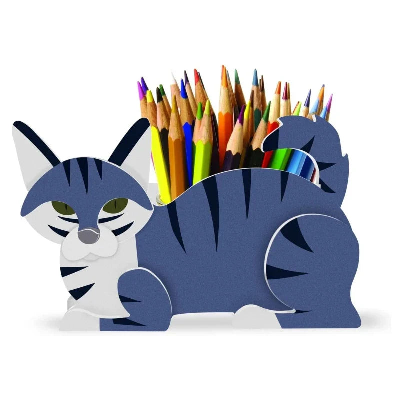 Katzenförmiger Stifthalter, blau-weiß, aus Holz, für Schreibtischorganisation, Tierdesign.