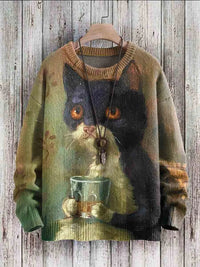 Damenpullover mit Katzenmotiv, Vintage-Stil, braun, Strick, Herbstmode, Holzoptik-Hintergrund.