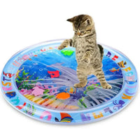 Kätzchen spielt auf buntem Wasserspielmatte für Katzen, interaktives Spielzeug, rund.
