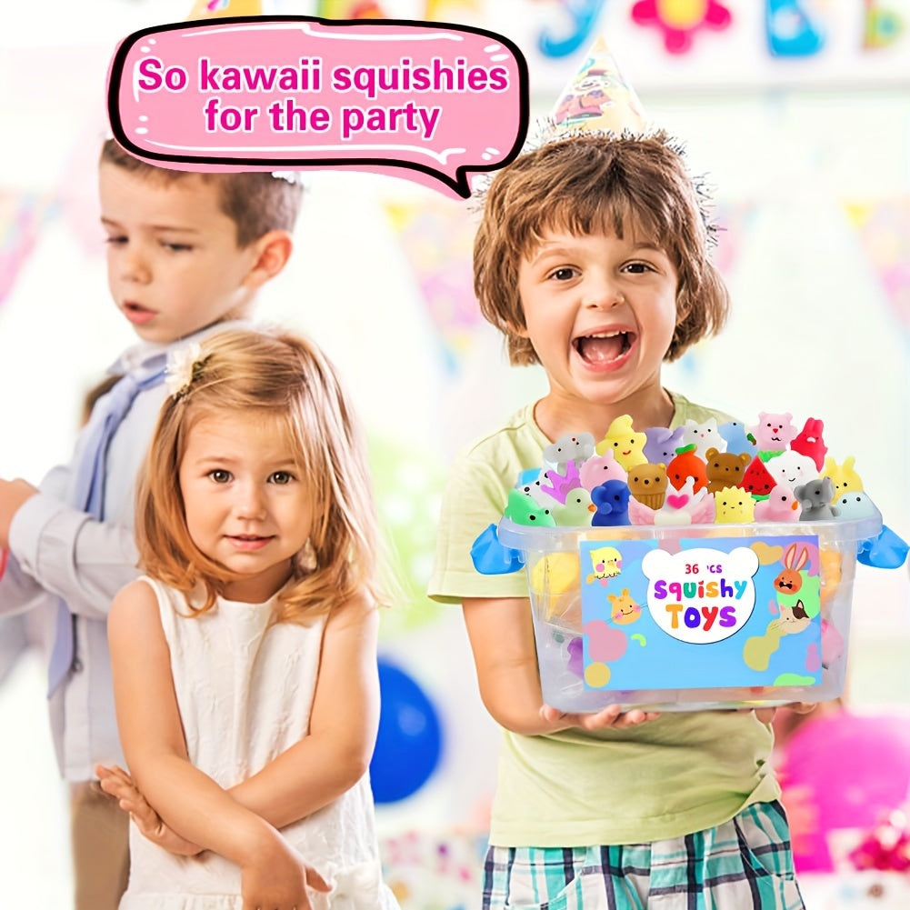 Kindergeburtstag mit bunten Squishy-Spielzeugen in Box, fröhliche Kinder, Partydekorationen.