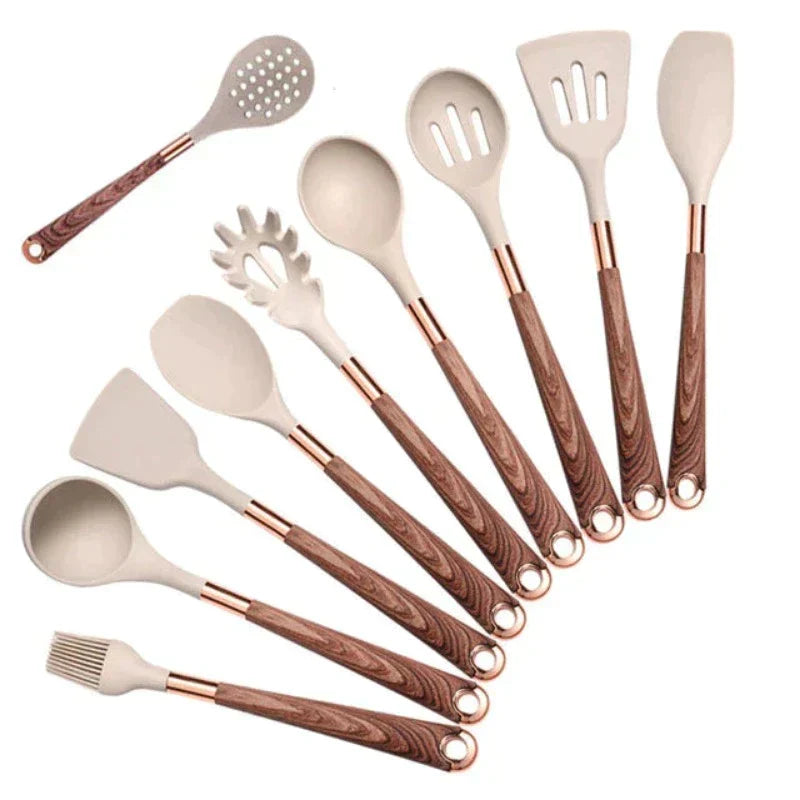 Moderner Küchenutensilien-Set aus Silikon und Holz, lebensmittelecht, elegant, 10-teilig.