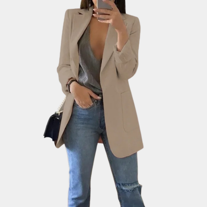 Damen Blazer Khaki, eleganter Schnitt, modisch, ideal für Büro und Freizeit.