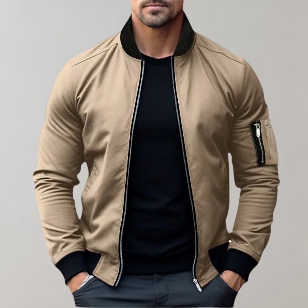 Khaki Herren Bomberjacke, Reißverschluss, schwarze Bündchen, modisch, lässig, Baumwolle.