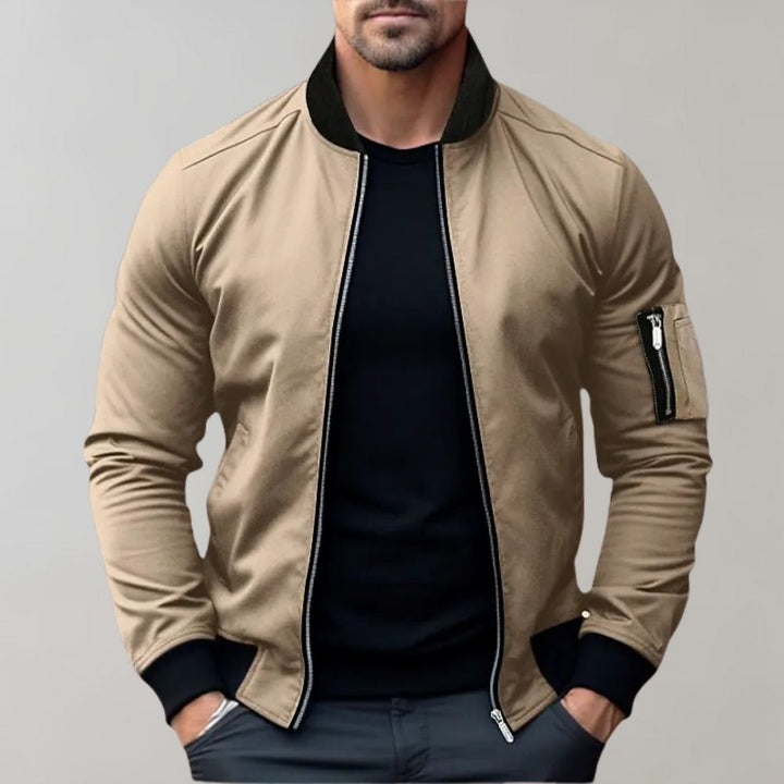 Khaki Herren Bomberjacke, Reißverschluss, schwarze Bündchen, modisch, lässig, Baumwolle.