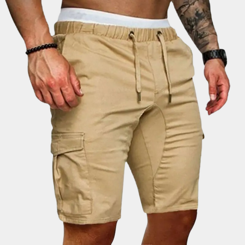 Khaki Herren Cargo-Shorts, elastischer Bund, Kordelzug, Seitentaschen, Freizeitmode.