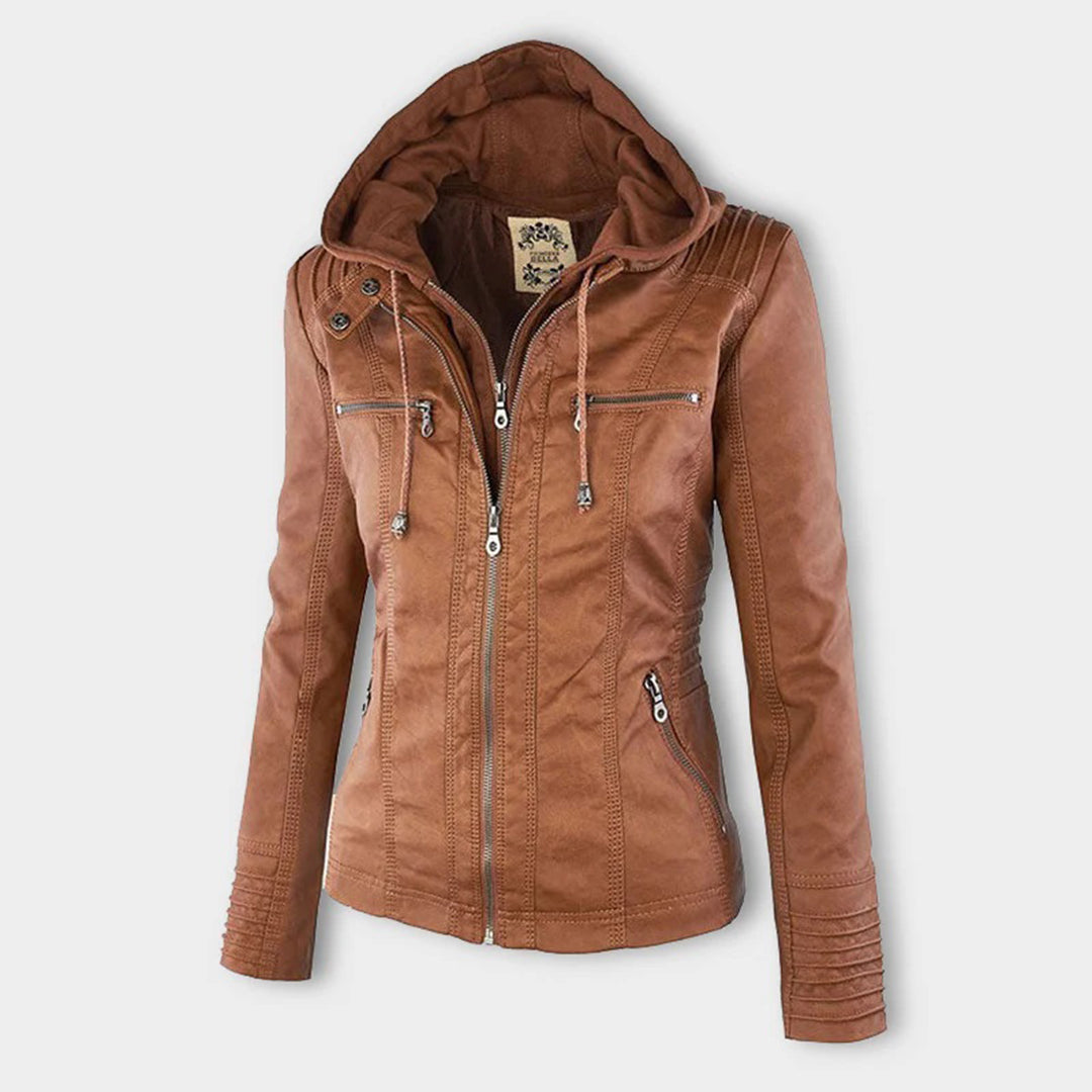 Damen Lederjacke Khaki mit Kapuze, Reißverschlüssen, modisch, Herbstmode, Outdoor-Bekleidung.