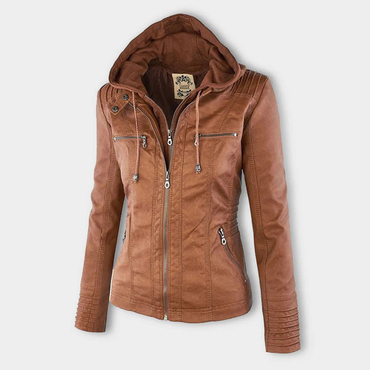 Damen Lederjacke Khaki mit Kapuze, Reißverschlüssen, modisch, Herbstmode, Outdoor-Bekleidung.