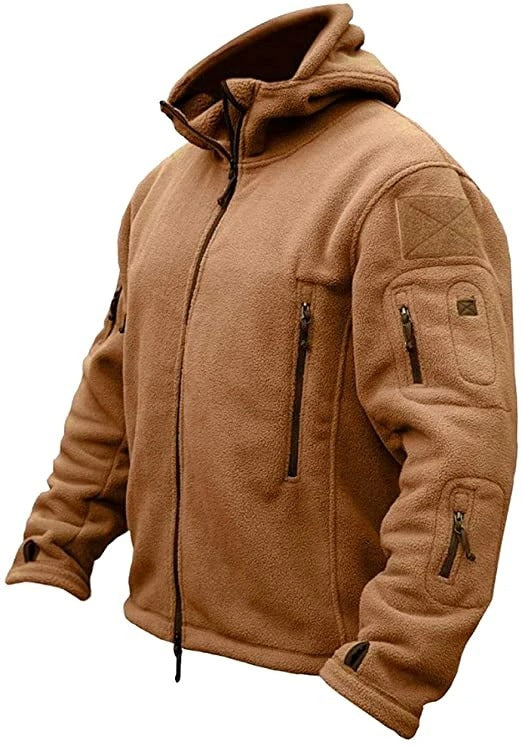 Khaki Fleecejacke mit Kapuze, Reißverschlusstaschen, Outdoor-Bekleidung, Herrenmode.