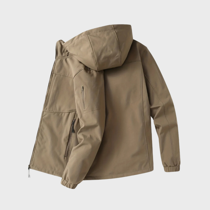 Khaki Herren-Casual-Kapuzenjacke, wasserabweisend, Reißverschlusstaschen, Outdoor-Bekleidung.