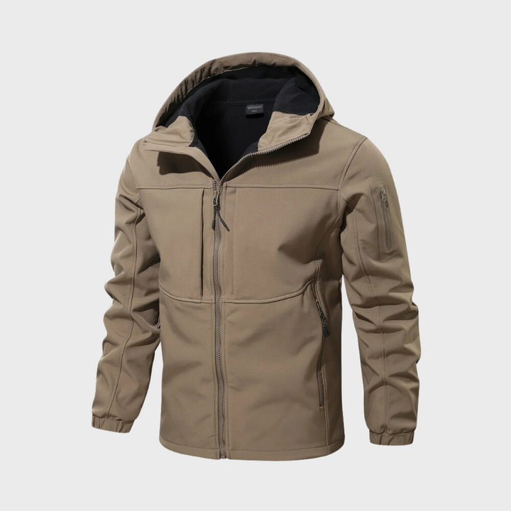 Khaki Herren-Kapuzenjacke, wasserabweisend, Reißverschluss, Outdoor-Bekleidung, modisch.