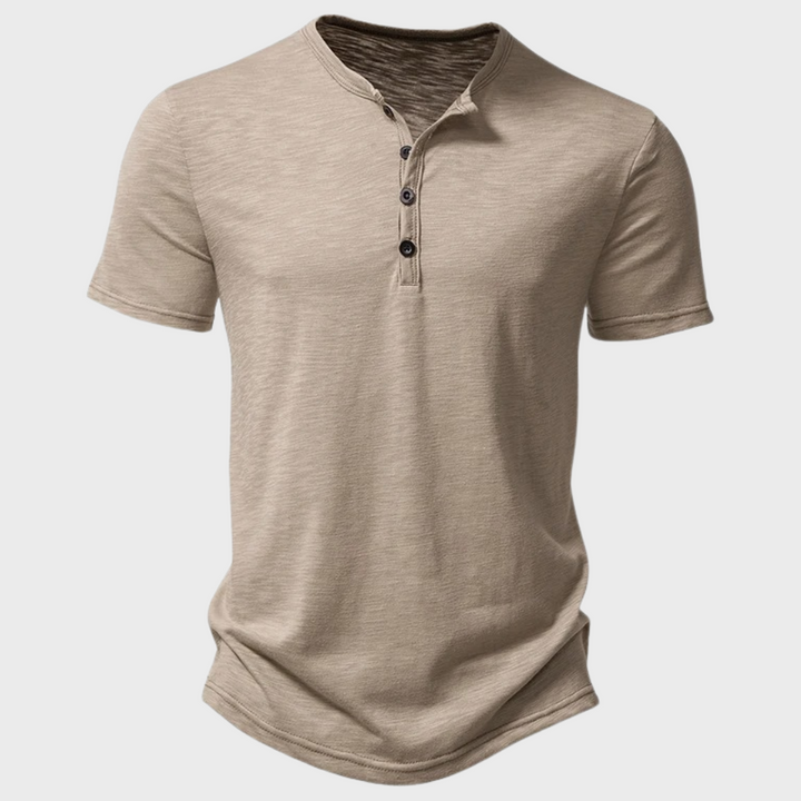 Khaki Herren Henley-Shirt, kurzärmelig, Baumwolle, Knopfleiste, lässig, modisch.