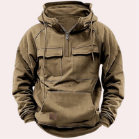 Khaki Hoodie mit Reißverschluss, Kängurutasche, Kapuze, Herrenmode, Freizeitkleidung.