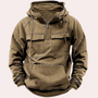 Khaki Hoodie mit Reißverschluss, Kängurutasche, Kapuze, Herrenmode, Freizeitkleidung.