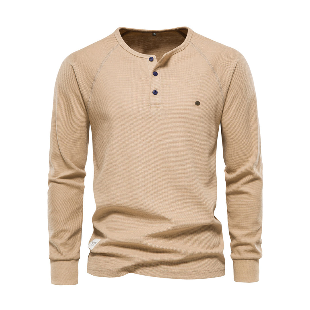 Khaki Herren-Henley-Shirt, Langarm, Baumwolle, Knopfleiste, Freizeitmode, Beige.