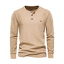 Khaki Herren-Henley-Shirt, Langarm, Baumwolle, Knopfleiste, Freizeitmode, Beige.