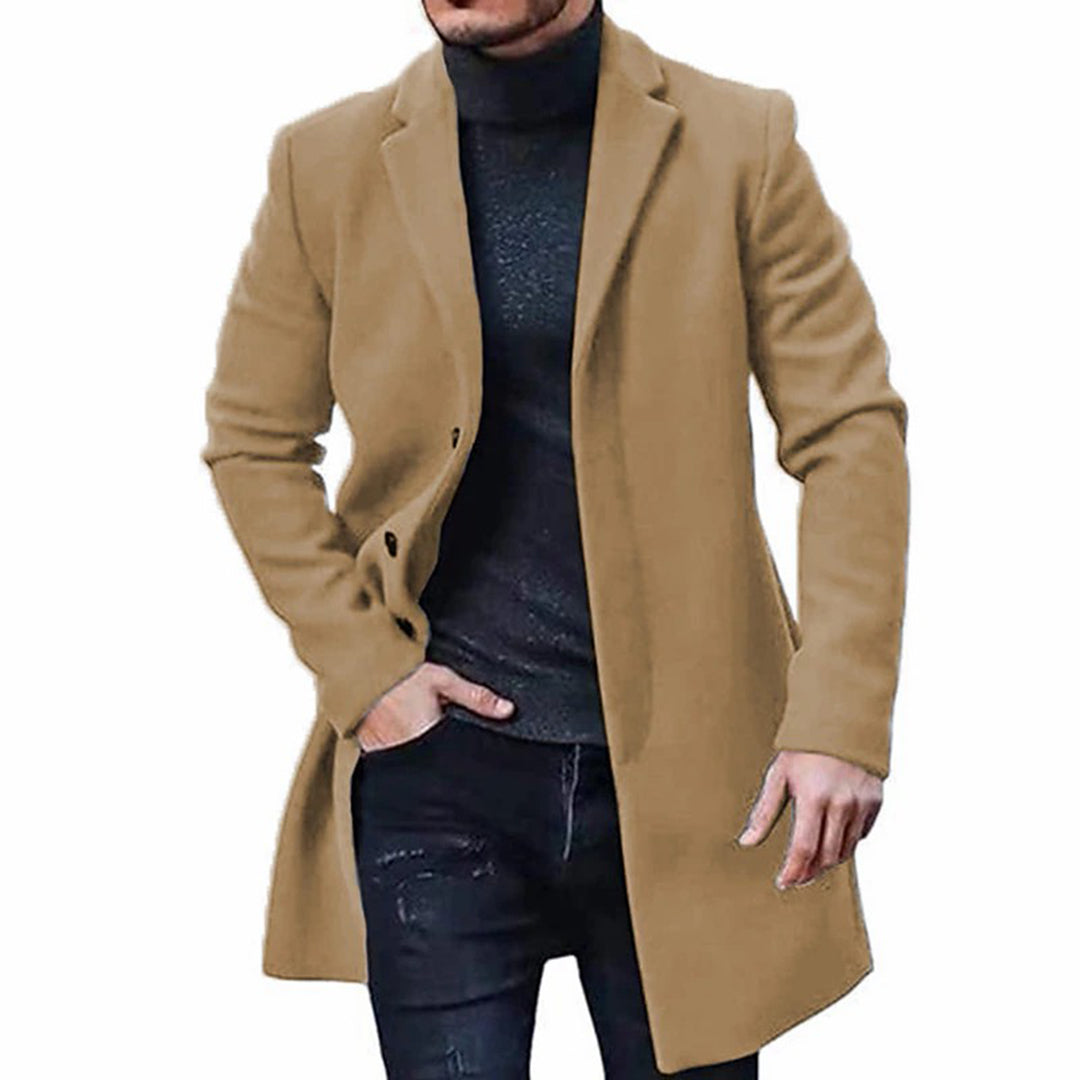 Männer-Khaki-Mantel, eleganter Wollmantel, Herbst-Wintermode, klassischer Stil.