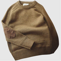 Khaki Pullover aus Wolle mit Ellenbogen-Patches, Herrenmode, Herbst-Winter, warm und stilvoll.