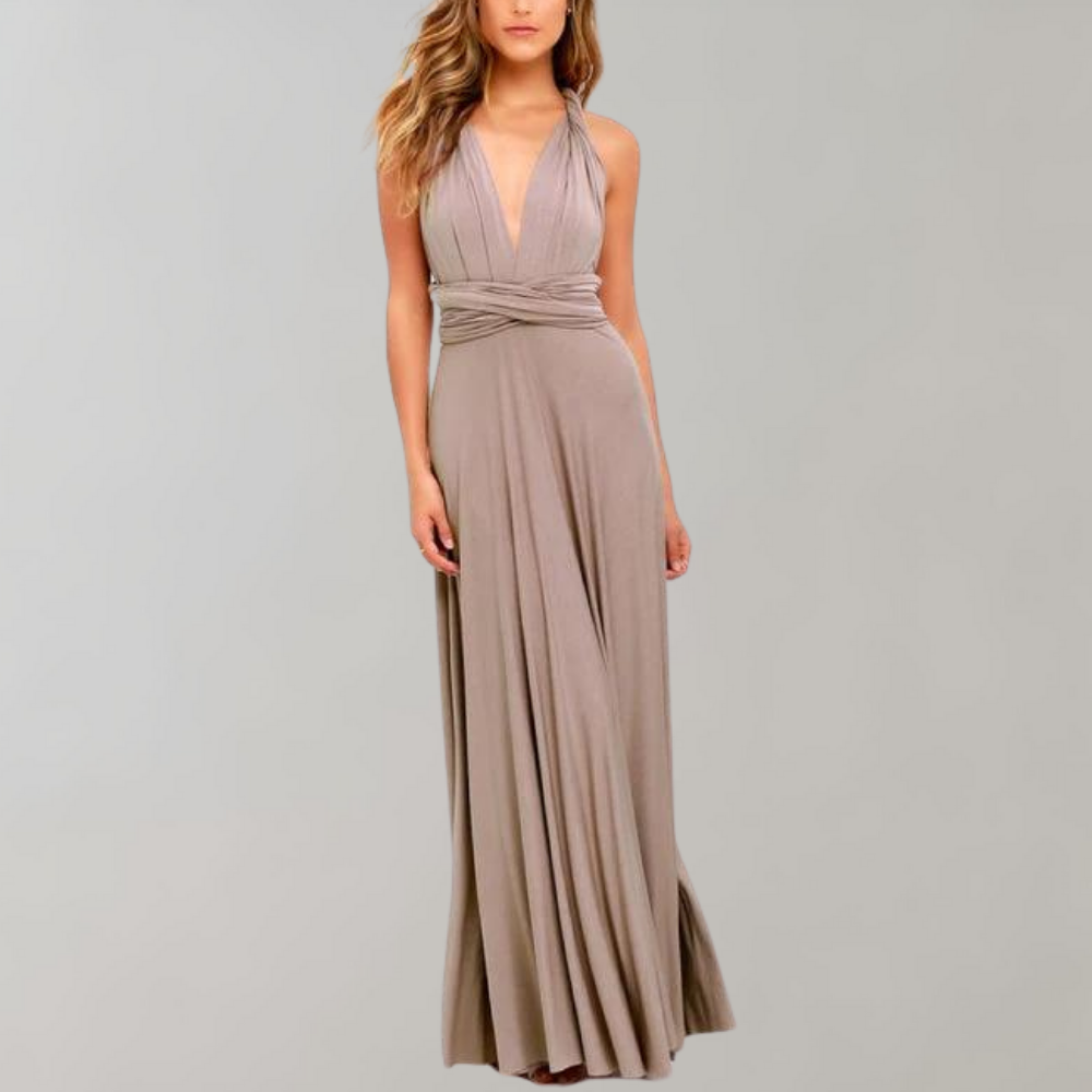 Damen khaki Wickelkleid, festlich, ärmellos, V-Ausschnitt, bodenlang, elegant, Hochzeit.