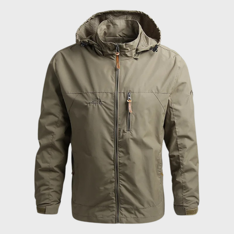 Khaki Herrenjacke mit Kapuze, Reißverschluss, wasserabweisend, Outdoor-Bekleidung.