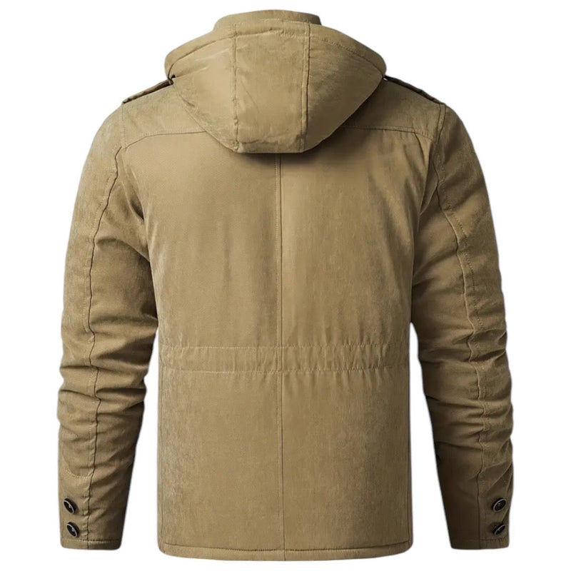 Khaki Herrenjacke mit Kapuze, Baumwolle, Outdoor, Herbstmode, Rückansicht.