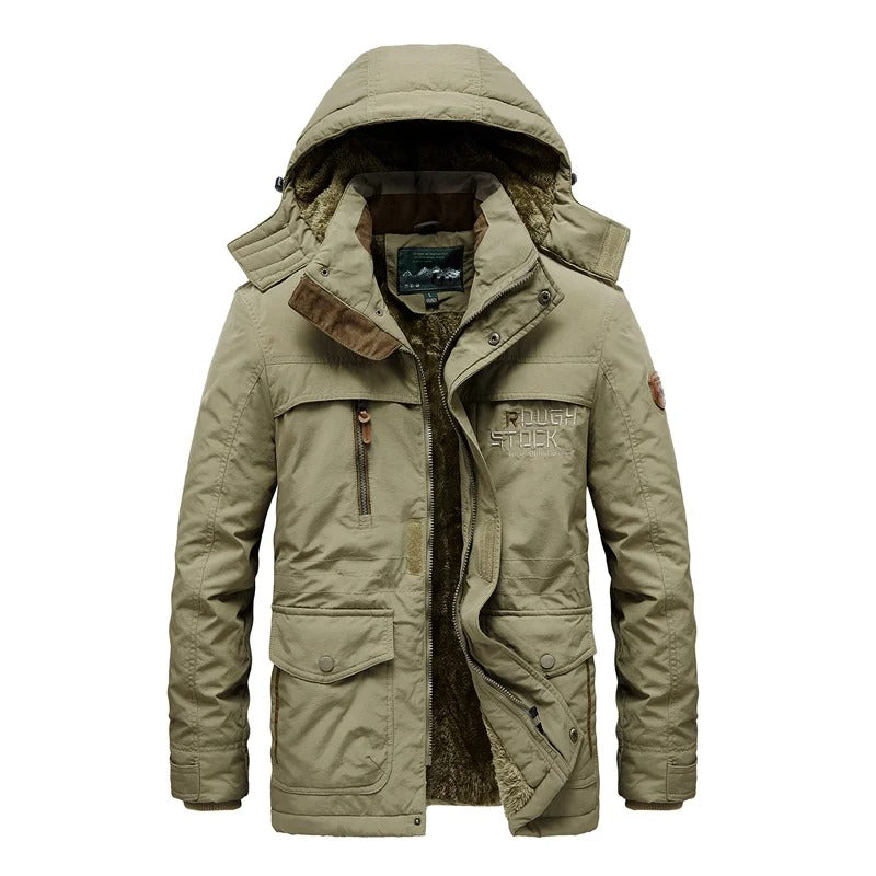 Khaki Herren Winterjacke mit Kapuze, warm gefüttert, Outdoor, wasserabweisend, robust.