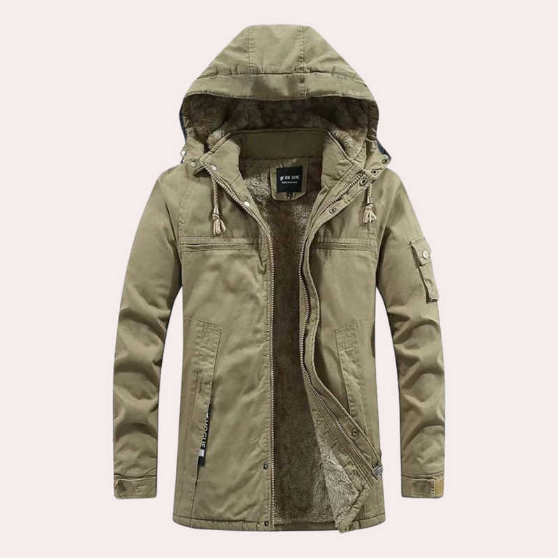 Herren Winterjacke mit Kapuze, beige, warm gefüttert, Reißverschluss, Outdoor-Bekleidung.