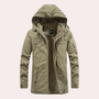 Herren Winterjacke mit Kapuze, beige, warm gefüttert, Reißverschluss, Outdoor-Bekleidung.
