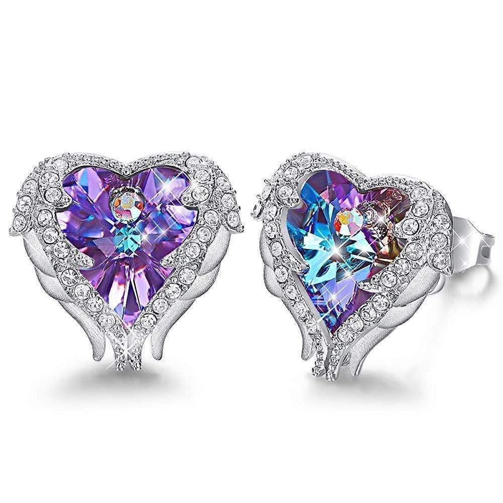 Herzförmige Engelsflügel-Ohrringe, lila Kristall, silberne Fassung, Damen-Schmuck.