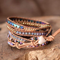 Handgemachtes Boho-Wickelarmband aus Jaspis mit Herzanhänger, mehrfarbig, Leder.