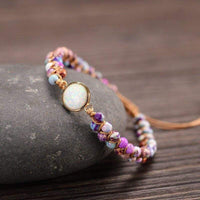 Boho-Armband mit Amethysten und Opal, Naturstein, geflochten, Damen-Schmuck, Yoga-Accessoire.