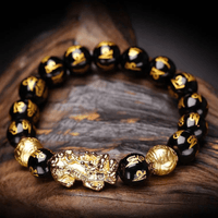 Schwarzes Obsidian-Armband mit goldenen Pi Xiu Perlen, Glücksbringer, Feng Shui Schmuck.