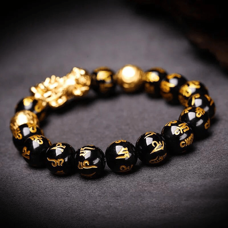 Schwarzes Obsidian Armband mit goldenen Pi Xiu Perlen, Glücksbringer, Feng Shui Schmuck.